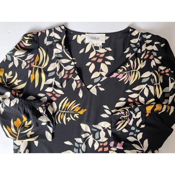 BA&SH Cross Top Floral Leaf Print Puff Sleeve Top Black Size Small/ US 4 - Picture 4 of 7